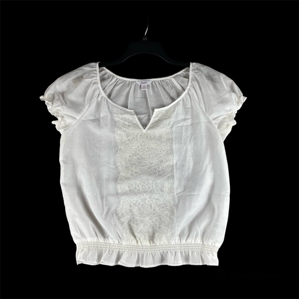 Candies White Blouse Semi Sheer Center Lace Short Elastic Puff Sleeves Top Med. - Picture 13 of 16